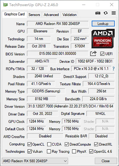Carte Graphique AMD Radeon RX 580 8GB GDDR5 MLLSE – Gaming Full HD